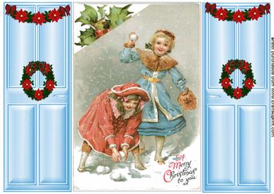 Vintage Christmas Children Playing in the Snow Scene Gate Fold