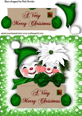 Mr and Mrs Snowman in Green with Big Bow 8x8