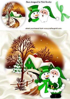 Santa with Snowman in Snow Scene