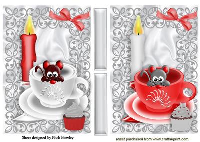 Cute Mice in a Teacup with Candle and Bows Toppers