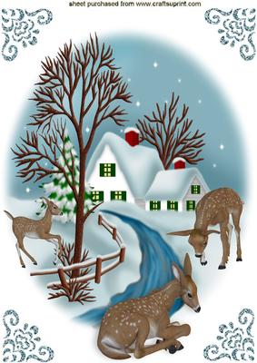 Cute Deers in the Snow with Cottage A4