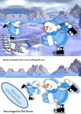 Ice Skating Snowmen in Snow Scene