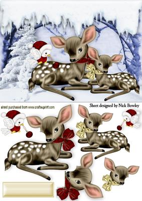 Mother and Baby Bambi in the Snow with Little Robins