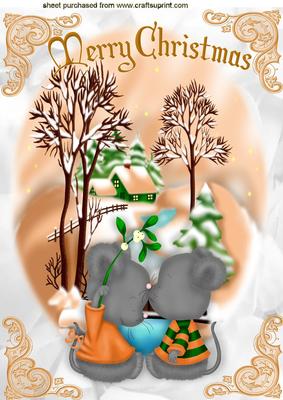 A Kiss Under the Mistletoe Cute Mice in Snow Scene A4