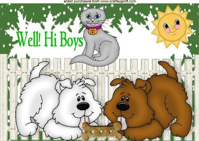 Well! Hi Boys, Cheeky Cat with Dogs in the Garden A4