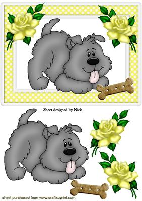 Little Grey Dog with Yellow Roses in Spotty Frame