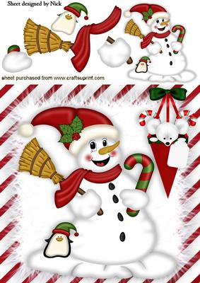 Jolly Snowman with Little Mouse and Penguin