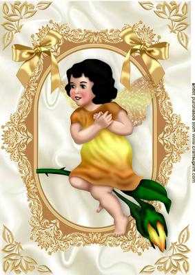 Pretty Faerie Sitting on a Rose with Gold Bows A4