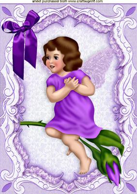 Pretty Fairy in Lilac Sitting on Branch with Rose A4