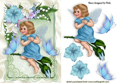 Fairy in Blue on a Branch with Rose