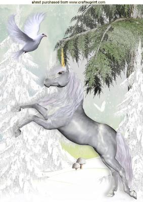 White Unicorn and Dove in Snow Scene A4