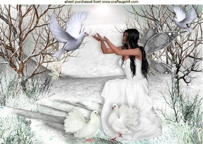 Beautiful Fairy in a Snow Glenn Surrounded with Doves A4