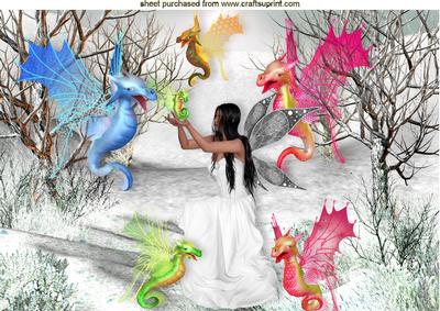 Fantasy Fairy with Rainbow Dragons A4