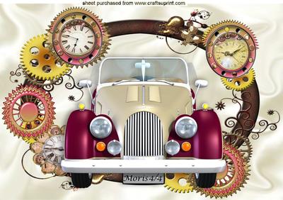 Vintage Car in Steampunk Frame with Clocks A4