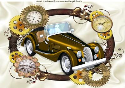 Gold Vintage Car in Steampunk Frame with Clocks A4