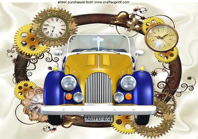 Vintage Blue/gold Car in Steampunk Clock Frame A4