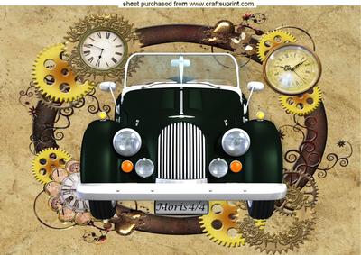 Dark Green Vintage Car in Clock Steampunk Frame A4
