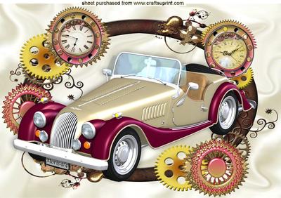 Red/cream Vintage Car in Steampunk Frame with Clocks A4
