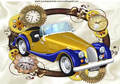 Blue/gold Vintage Car in Steampunk Frame A4