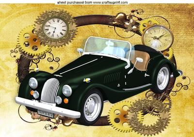 Steampunk Frame with Clocks and Green Vintage Car A4