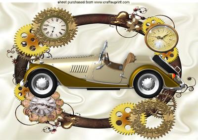 Vintage Car in Gold/cream in Steampunk Frame A4