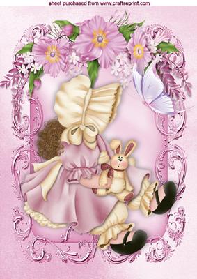 Sweet Bonnet Girl with Butterfly in Floral Frame A4