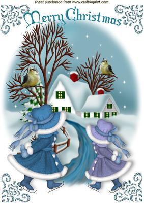 Little Girls Ice Skating with Cottage Snow Scene A4