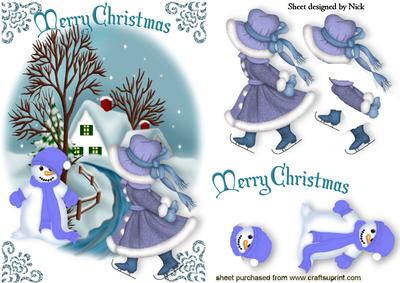 Little Girl Ice Skating with Snowman Winter Scene