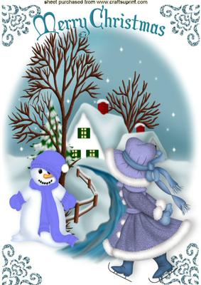 Ice Skating Girl with Snowman in Winter Scene A4