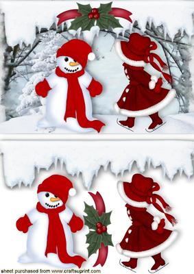 Snowman with Little Girl in Red Ice Skating