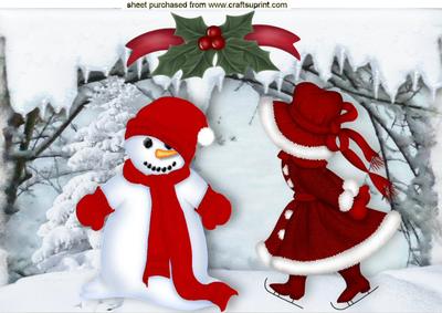 Snowman with Little Girl in Red Ice Skating A4