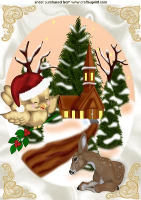 Robin with Fawn and Church in Snow Scene A4