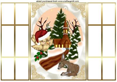 Robin and Fawn in Church Snow Scene French Gatefold