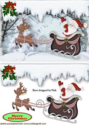 Santa with Rudolph and His Sleigh in Snow