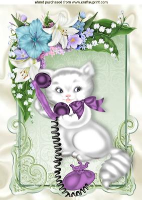 Cute White Kitty on the Phone with Flowers A4