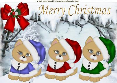 Three Little Kitties in Santa Hats with Bow A4