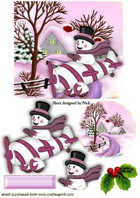 Snowman in Pink Plane with Cottage and Snow