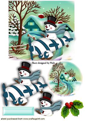 Snow Scene with Cottage and Snowman in Turq in a Plane