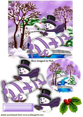 Cute Snowman in a Plane in Purple Snow Scene