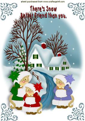 Christmas Mice in Snow Scene with Cottage A4