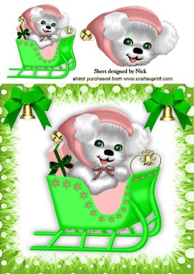 Little Puppy in a Sleigh with Green Bows