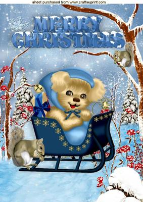 Cute Puppy in a Sleigh with Squirrels and Snow A4