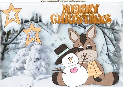 Cute Horse and Snowman in Snow Scene A4