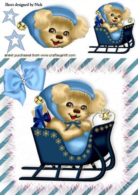 Cute Puppy in Blue in a Sleigh with Blue Bow