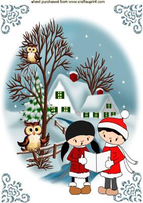 Carol Singers in the Snow with Cute Owls A4