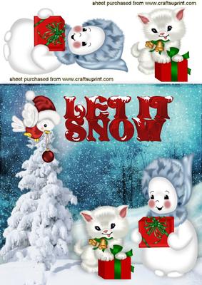 Little White Kitty and Snowman with Robin