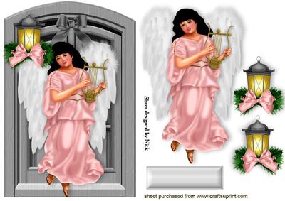 Pretty Pink Angel with Gold Harp and Lantern
