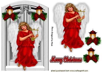 Christmas Vintage Angel in Red with Lanterns and Door