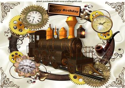 Steampunk Train in Frame with Clocks for Birthday A4