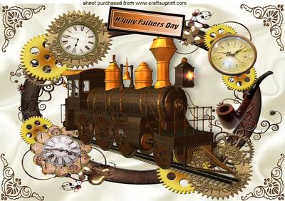 Steampunk Train in Frame with Clocks for Fathers Day A4